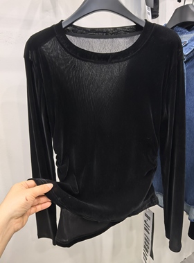 高级感黑色圆领丝绒长袖T恤女褶皱收腰不规则下摆修身显瘦上衣