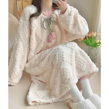 加厚法兰绒珊瑚女可爱甜美睡衣公主女中长款加绒风冬季睡裙绒孕妇