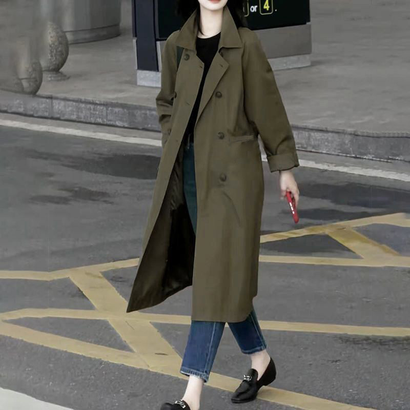 军绿显白通勤女中长双排扣风衣