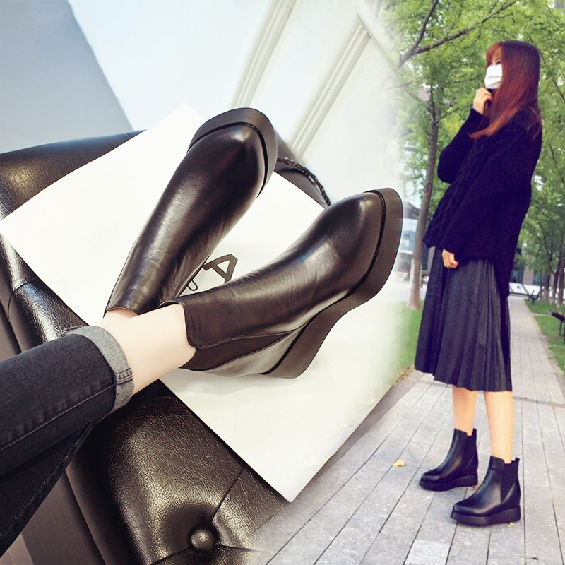 2025秋冬季新款真皮马丁靴女欧美女鞋坡跟短靴尖头内增高短筒靴子
