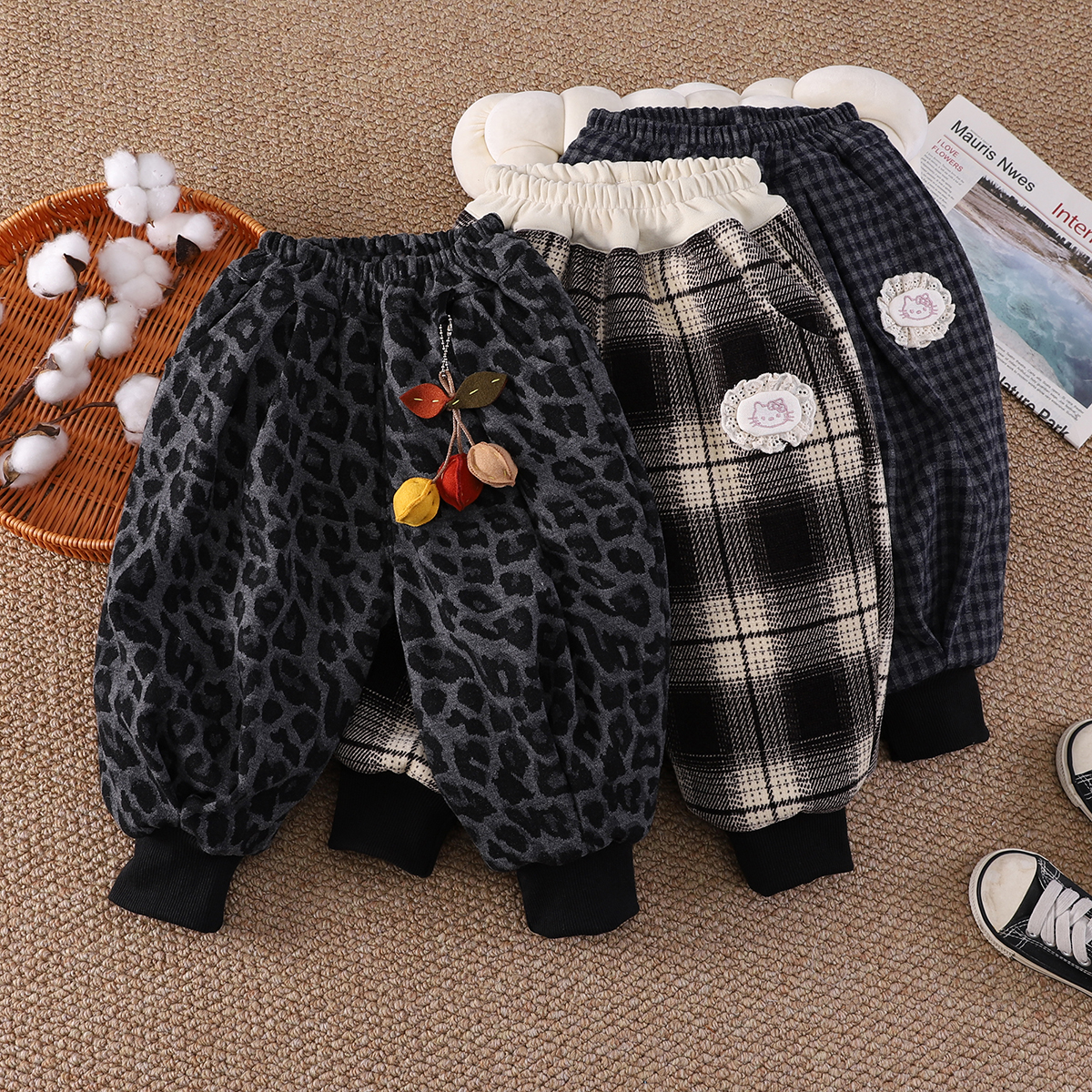 女童棉裤冬装新款复古豹纹格子束脚裤加绒保暖男童百搭洋气灯笼裤