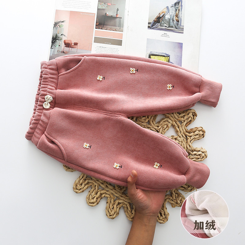 女宝加绒裤子秋冬外穿1-3-5岁女童时尚灯芯绒加厚长裤一体绒童裤2