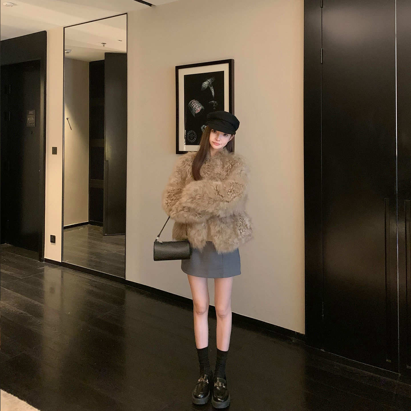 秋小姐整皮山羊绒V领皮草外套女