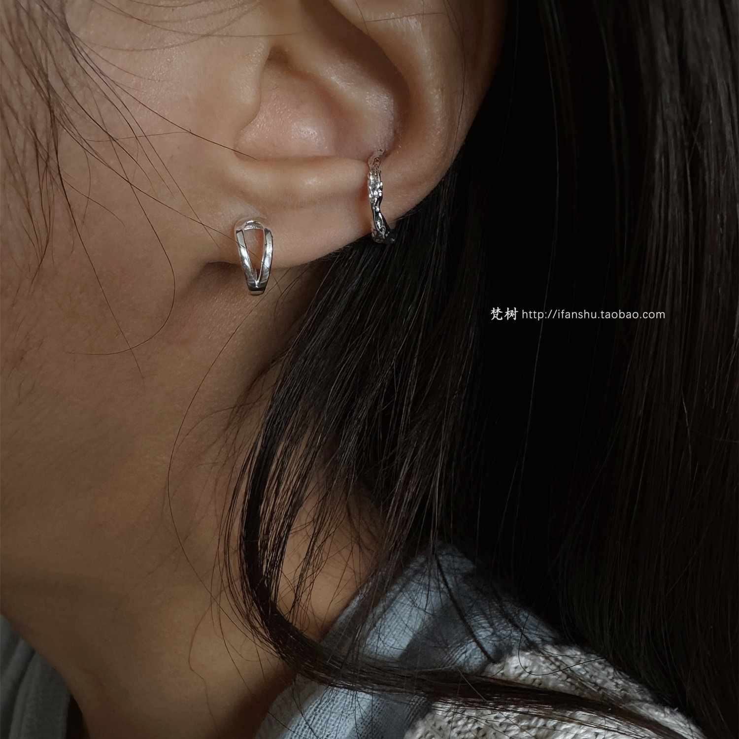 925纯银肌理耳夹/U镂空耳环