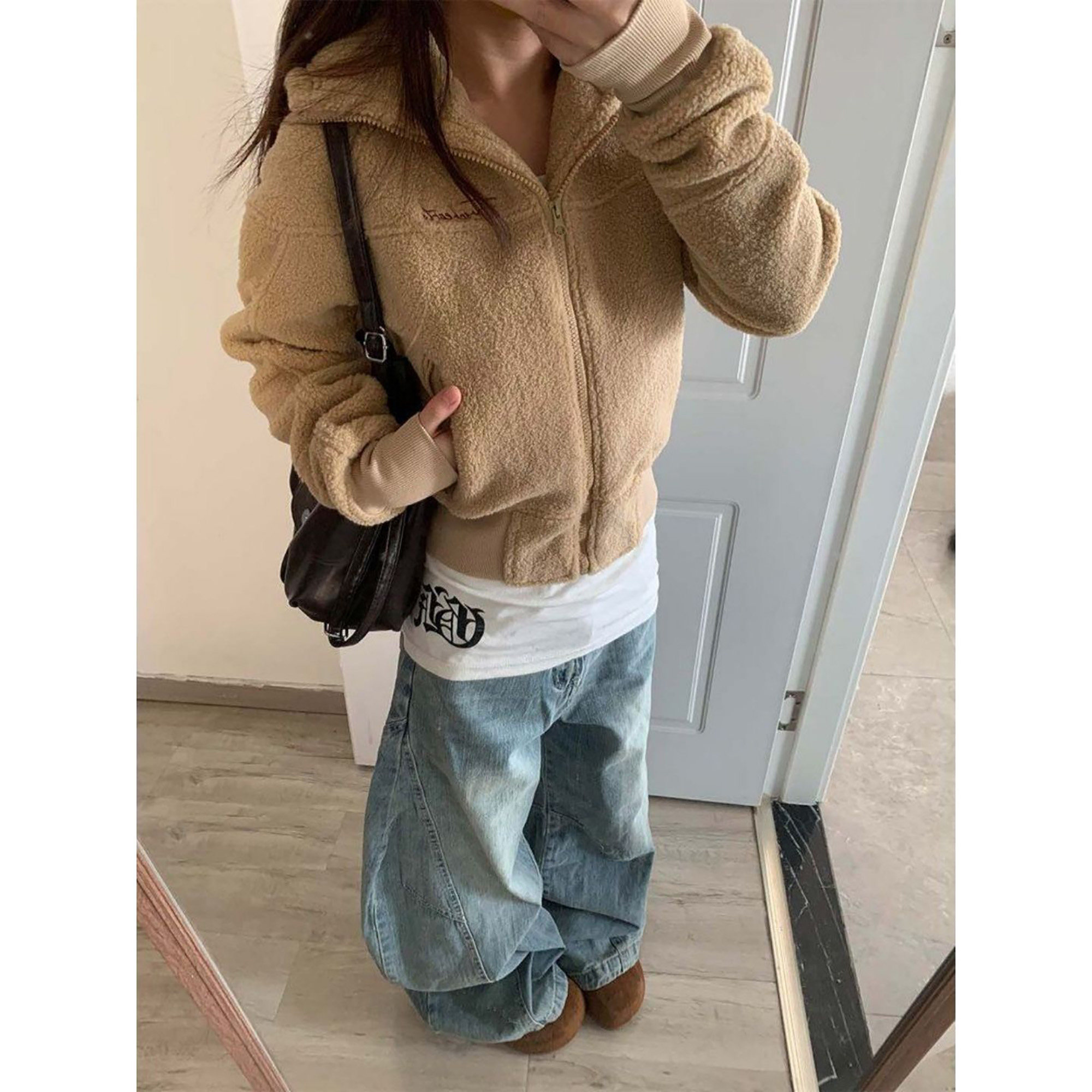 秋冬女美式复古摇粒绒短款外套