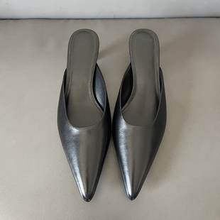 2023新款弧形尖头浅口百搭时尚真皮后空复古单鞋凉鞋猫跟穆勒拖鞋