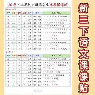 2026春新三年级下册语文写字表课课贴生字笔画笔顺部首结构预习本