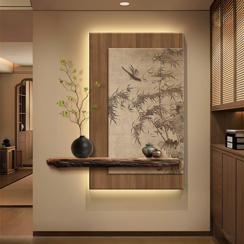 宋代美学玄关装饰画高级感入户正对门竹子挂画新中式茶室氛围壁灯