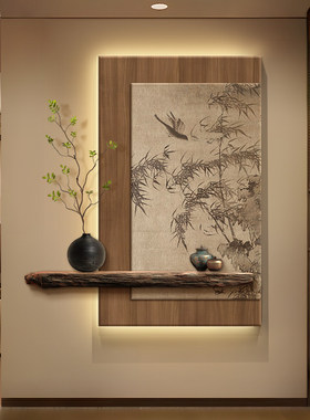 宋代美学玄关装饰画高级感入户正对门竹子挂画新中式茶室氛围壁灯