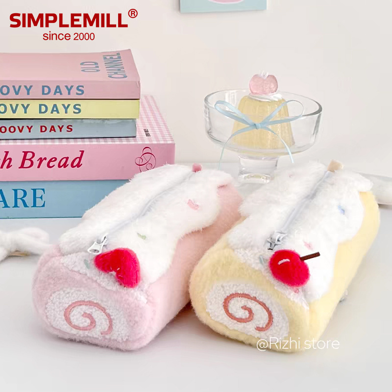 朴坊日稚商店瑞士卷毛绒笔袋樱桃蛋糕可爱女孩学生大容量文具盒