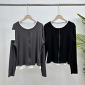 1414208纯色圆领假两件针织开衫 上衣 长袖