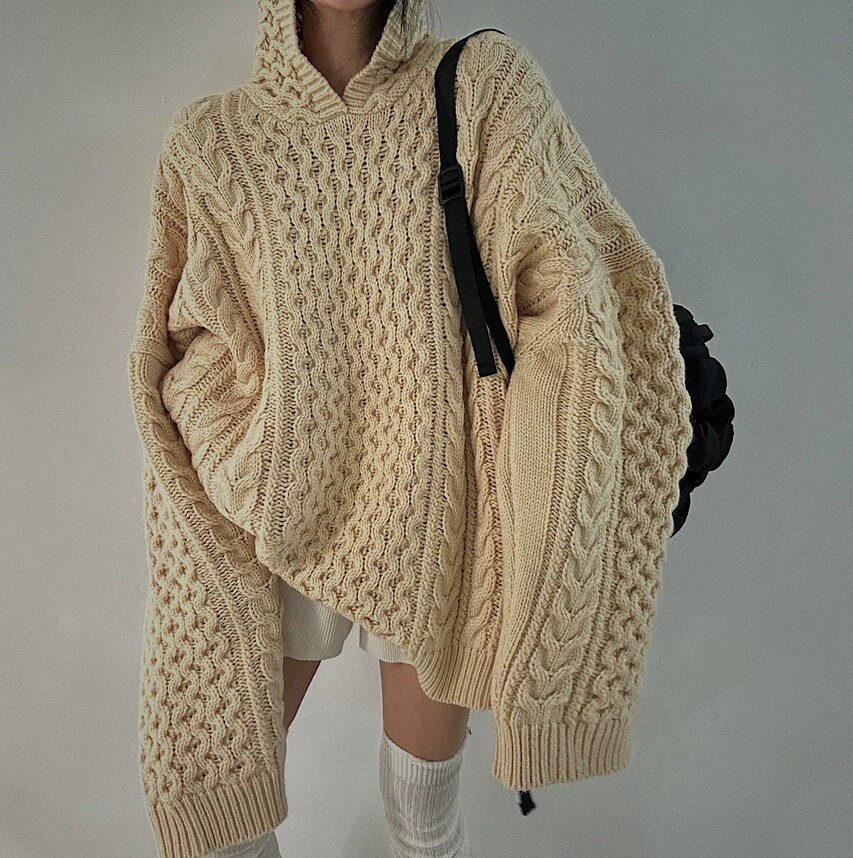 东大门2024秋冬女连帽麻花辫宽松中长款长袖针织衫杏色毛衣外套