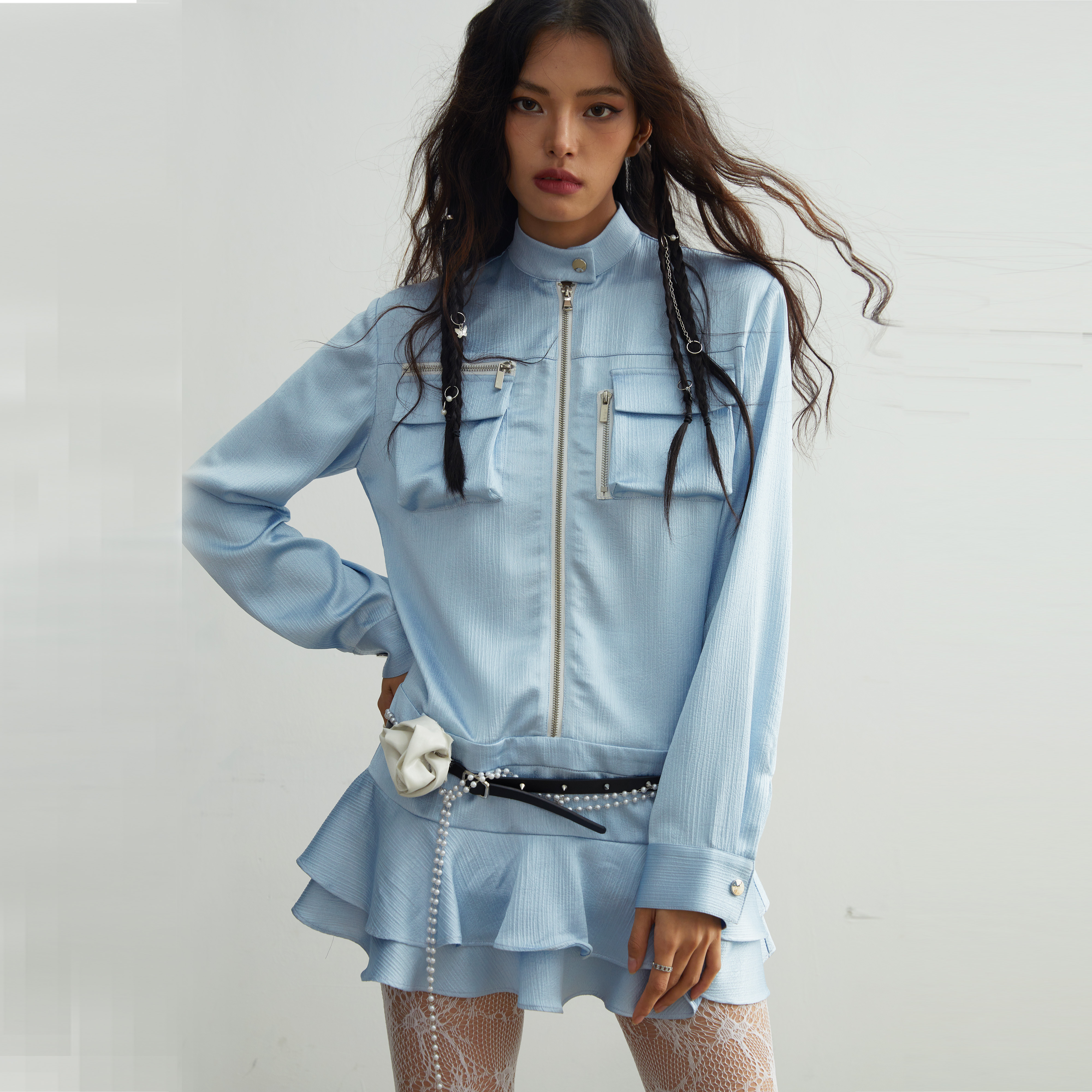 JNYLON独立设计师品牌复古少女工装学院风立体口袋蓝色缎面衬衫裙
