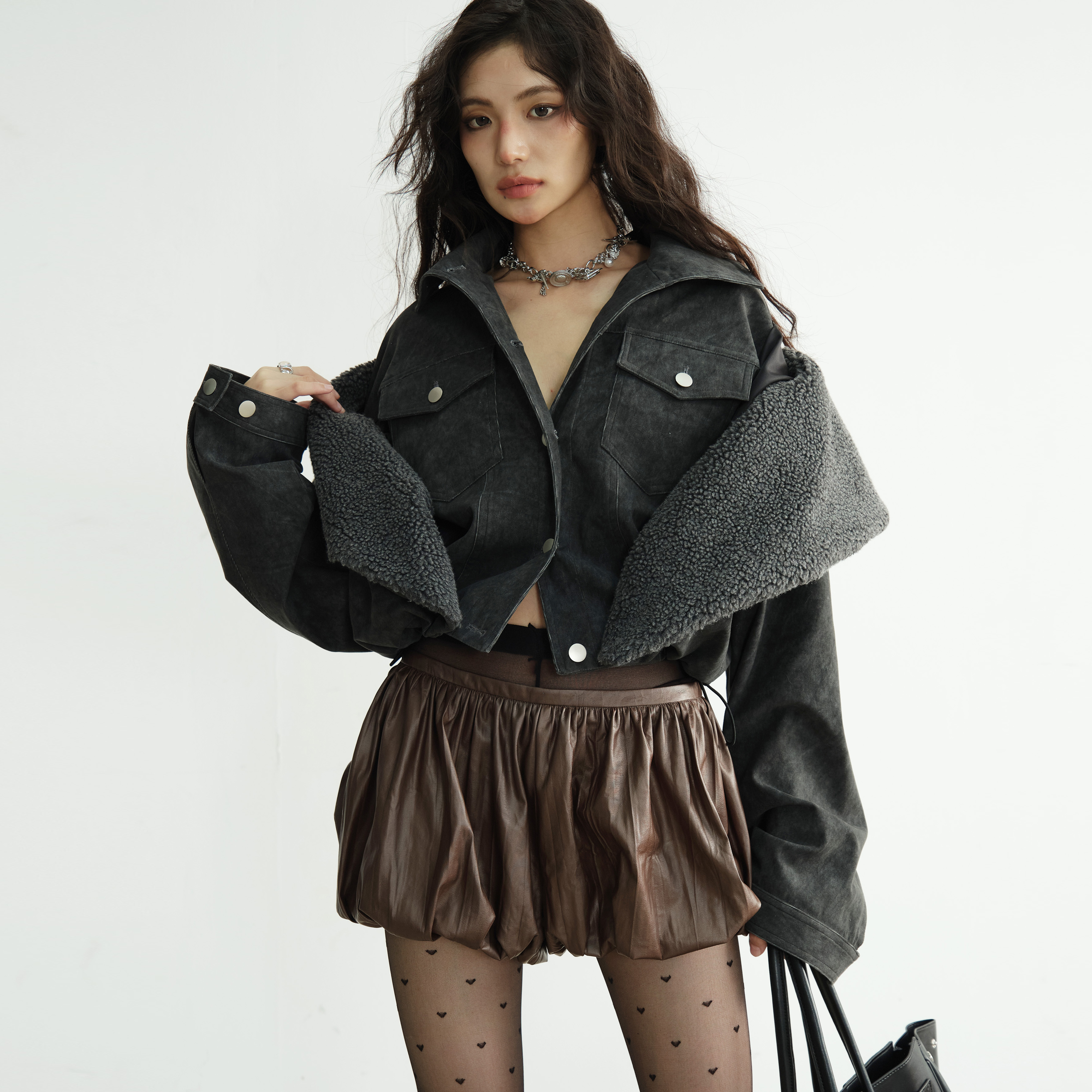 JNYLON-24AW暗黑摇滚废土脏染假两件造型短款夹克外套