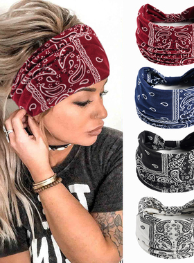 欧美时尚潮人个性帅气佩斯利印花发带跑步运动发带女弹力超宽头巾
