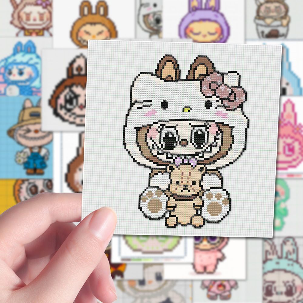 【爆款】144张Labubu像素画贴纸拼豆图纸趣味益智游戏潮玩高清diy