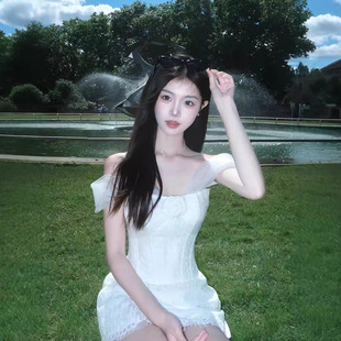 法式温柔风白色玫瑰花连衣裙女夏洋气减龄收腰显瘦抹胸短裙TZ4190