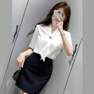衬衣2025新款 短袖 美容院工作服售楼部高端职业套裙 女夏款 白色衬衫