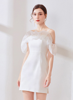 美姿优品2026夏季新款白色网纱温柔气质短裙女高腰吊带拼接连衣裙