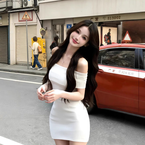 纯欲性感白色一字肩连衣裙女新款修身显瘦御姐风A字短裙子TZ753