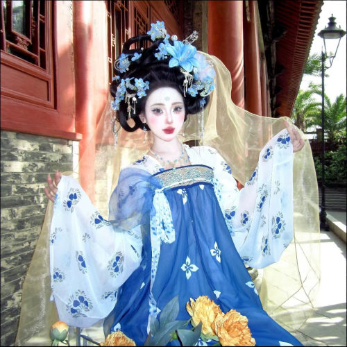 新款汉服女齐胸大袖襦破裙春夏款中国风浅蓝色两件套花色小唐风