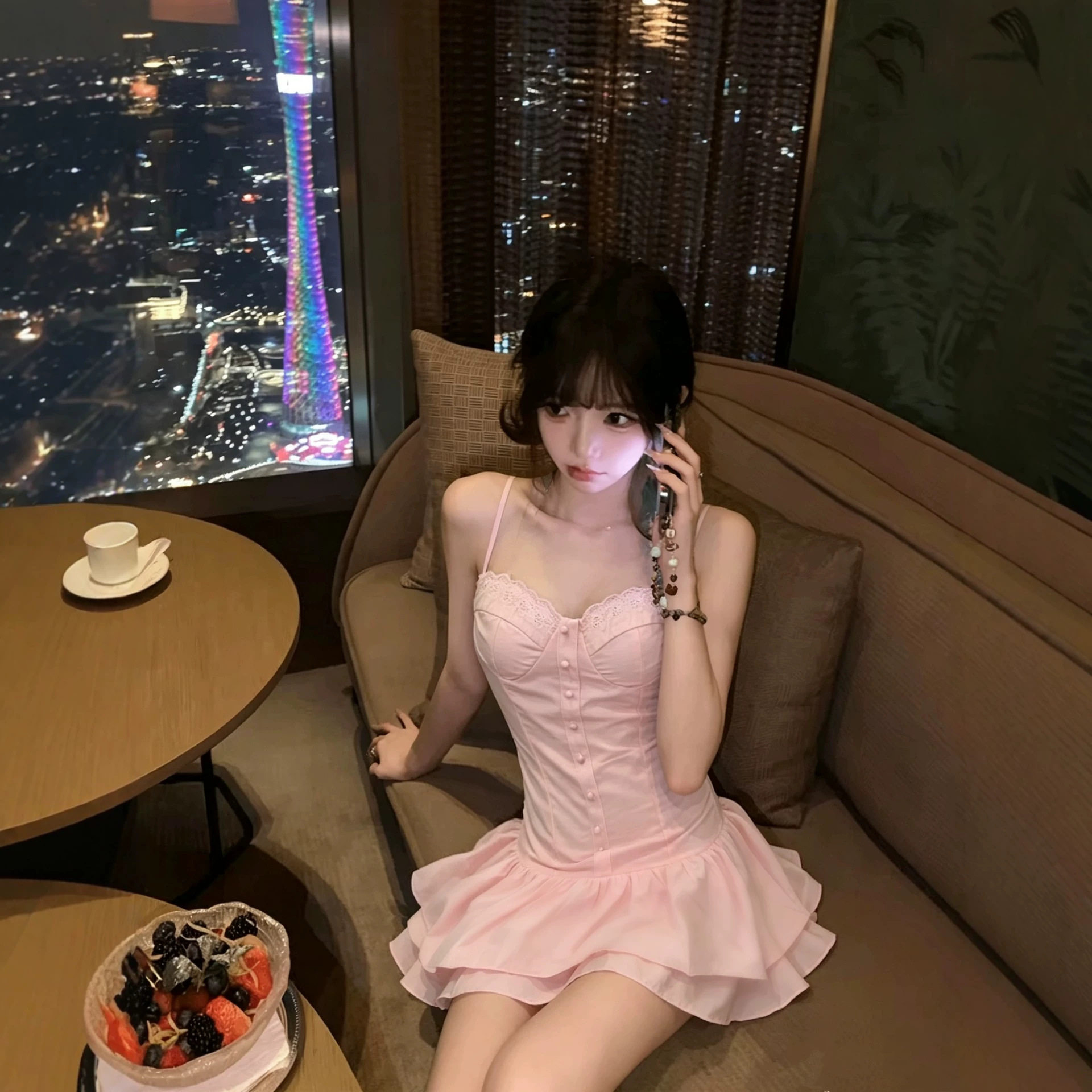 性感甜辣风粉色蕾丝拼接吊带裙女纯欲甜美修身短款连衣裙TZ-6933图片