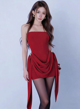 法式抹胸一字肩束腰鱼骨连衣裙女红色高级感气质包臀礼服裙TZ7395