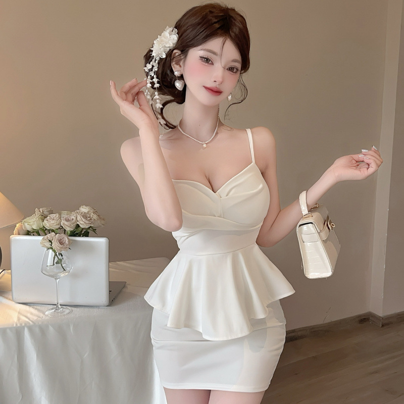 性感短款夜场工作服荷叶边紧身包臀连衣裙气质低胸吊带短9216