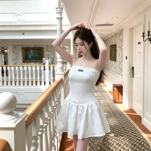 法式名媛收腰显瘦A字短裙女气质高级感白色抹胸连衣裙WD-TB-0016