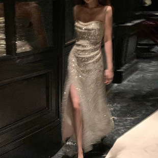 2026春夏新品银色亮片吊带连衣裙女礼服长裙性感收腰开叉裙子1932