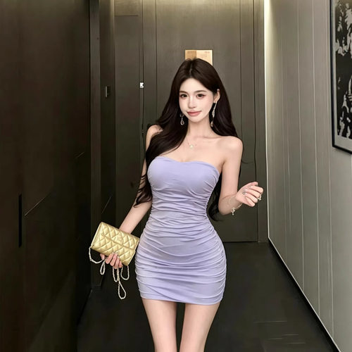 纯欲性感紫色修身连衣裙女夏季性感抹胸褶皱显瘦包臀短裙子TZ7620