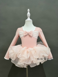 女儿童长袖 演出服连体服中国舞民族舞练功服 春秋可爱蝴蝶结泡泡袖