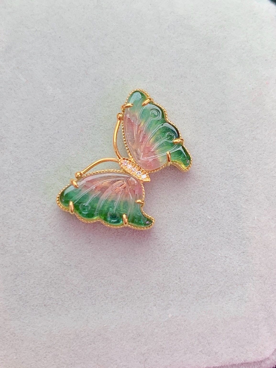 蓝粉西瓜碧玺蝴蝶哆啦魔盒18k金镶嵌碧玺盒子钻石diy配件手链配饰