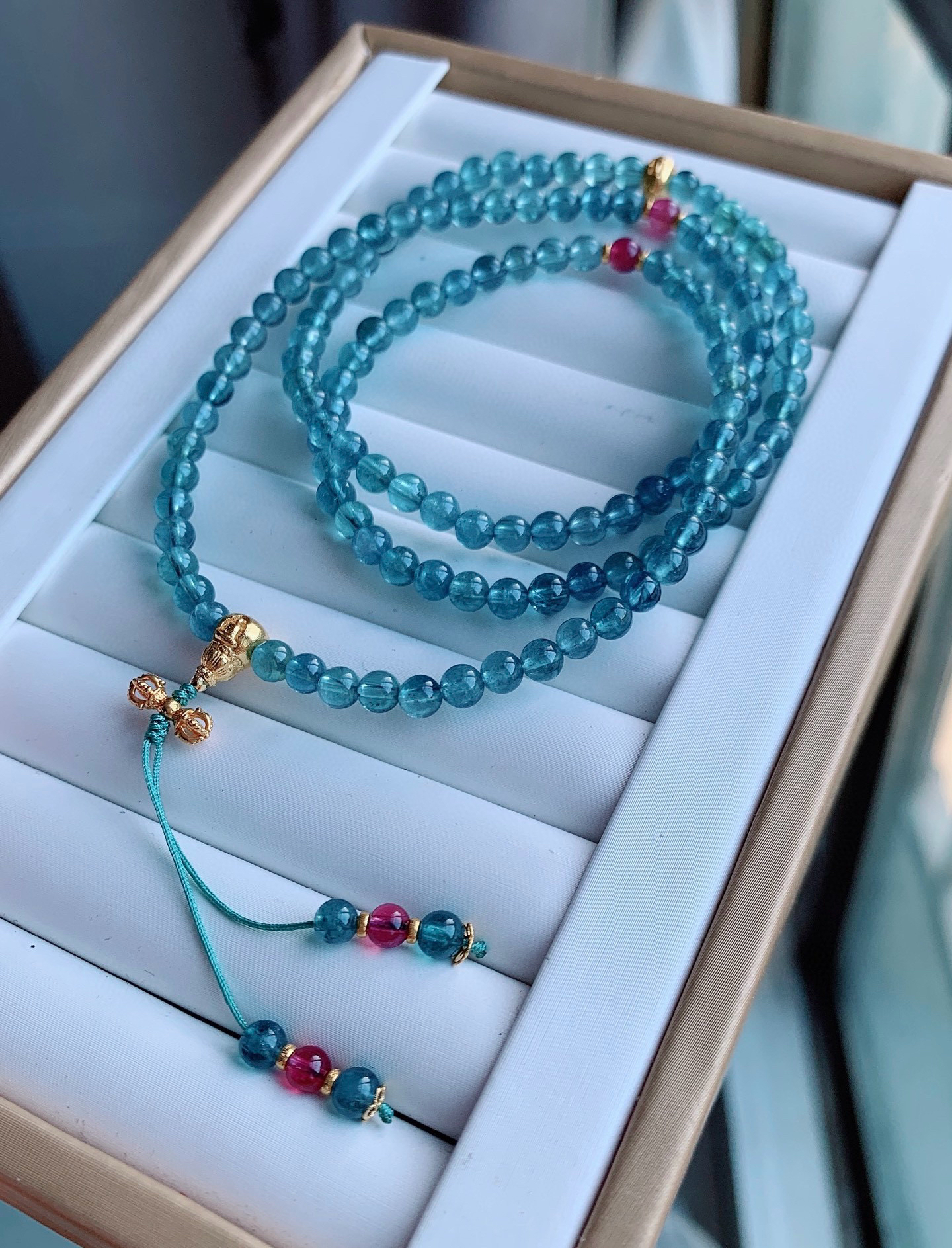 天然帕拉伊巴蓝碧玺手链18k金原创设计蓝碧玺佛珠手串女生日礼物