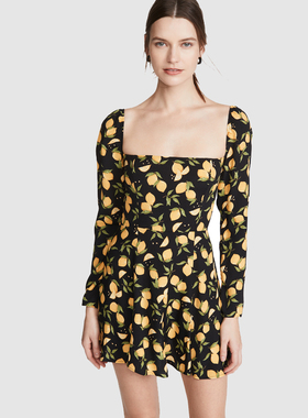 法式reformation泡泡长袖收腰气质方领柠檬碎花连衣裙高级感短裙