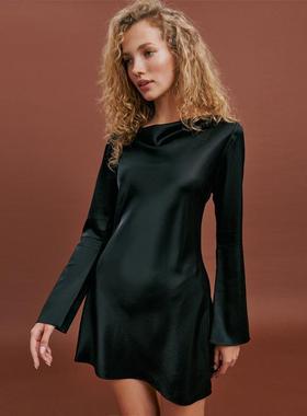 reformation法式简约高端仿醋酸显瘦缎面轻奢设计感一字领小黑裙