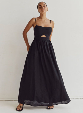 di's'sh法式亚麻白色镂空吊带连衣裙子女气质修身度假长裙小黑裙