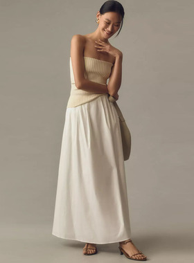 Reformation法式小众白色纯棉高腰A字大摆伞裙半身裙气质显瘦长裙