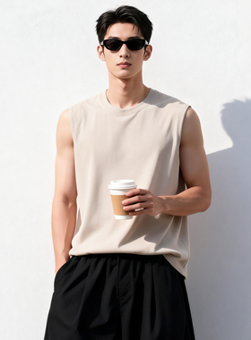 QKK潮牌经典纯色休闲时尚百搭宽松圆领100棉运动无袖背心TN003