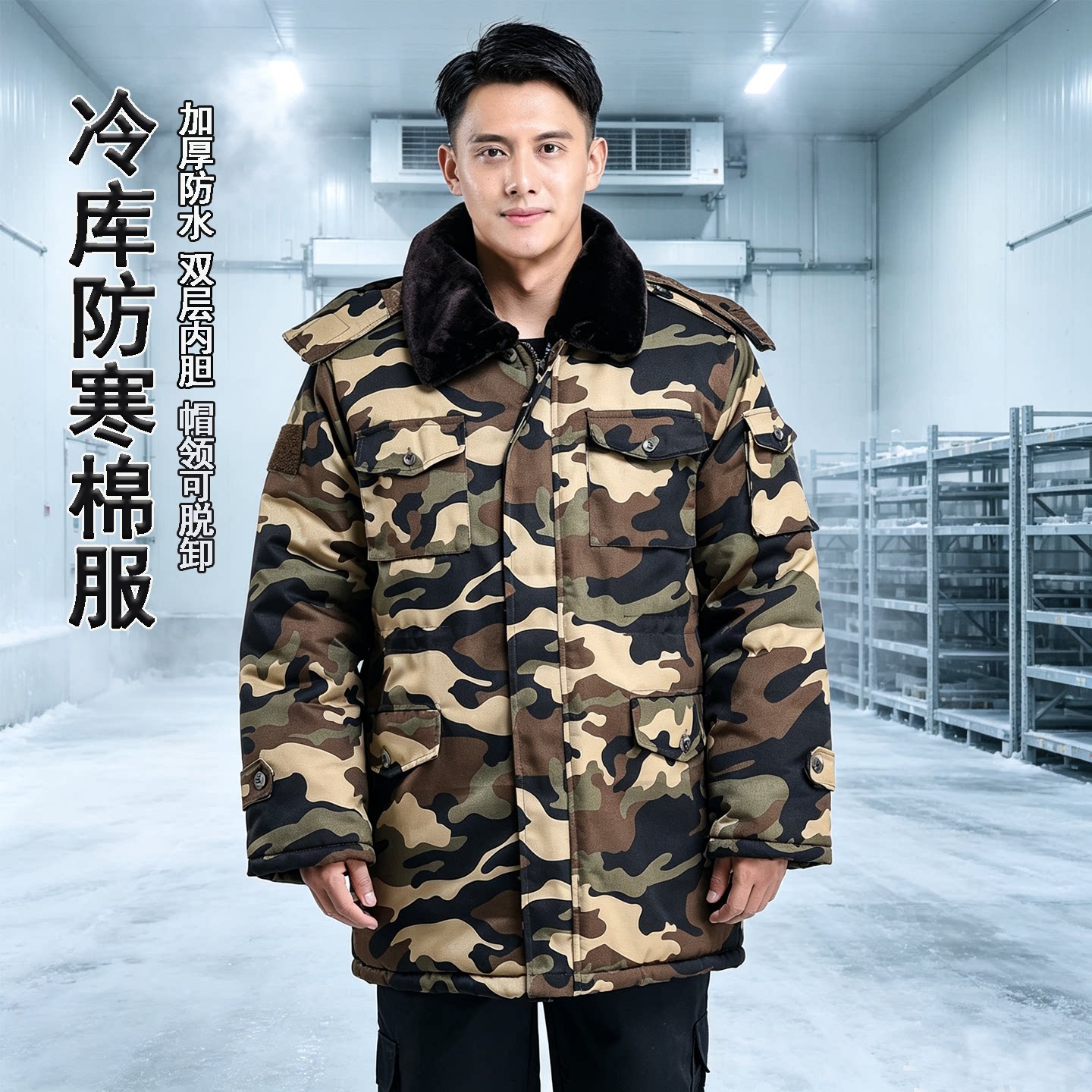 迷彩棉服男冷库专用防寒服劳保工作服棉衣棉袄冬季加厚中长款宽松