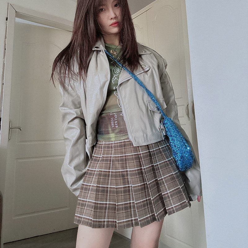 格子高腰显瘦百褶裙百搭