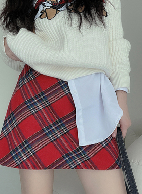 红色半身裙女2025春季新款复古大格子高腰显瘦包臀短裙高级感a裙