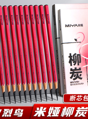 米娅柳炭笔美术生专用棉柳木炭条瑞蒙特国画用的木炭条速写起稿打型黑色素描炭精条软性碳棒瑞萌特火烈鸟炭条