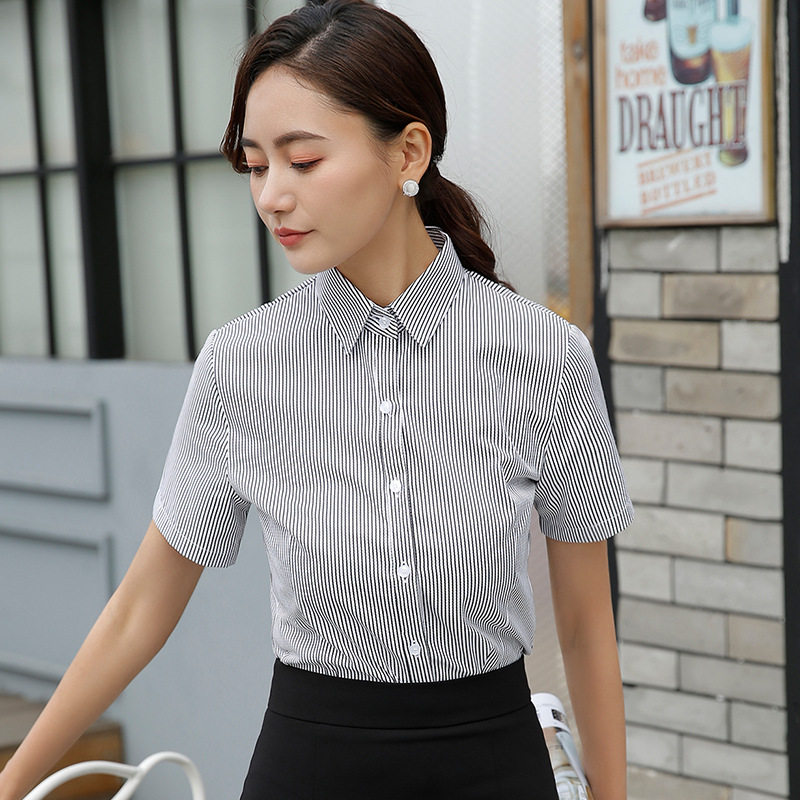 蓝白条纹衬衫女短袖职业衬衣黑白细条修身新款正装工作服0776