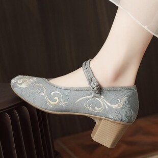 老北京布鞋女粗跟配旗袍的鞋子复古禅意禅服鞋古风汉服茶艺绣花鞋