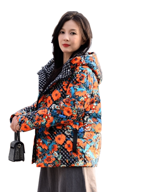 印花连帽短款显瘦小个子羽绒服女