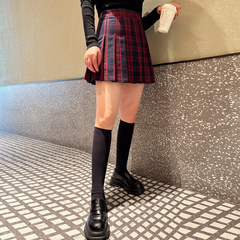 格子百褶裙女秋冬季高腰复古磨毛呢a字半身裙显瘦红色网短裙裤