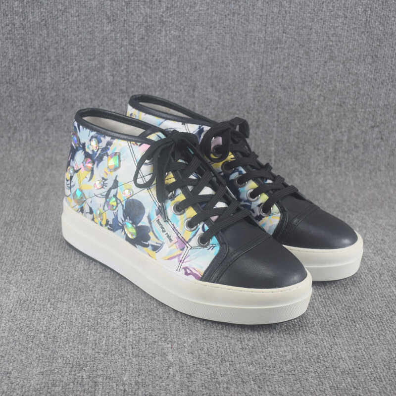 断码清仓春秋真皮平底休闲女鞋绑带时尚潮流印花厚底内增高板鞋女