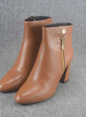 外贸特价春秋粗跟短靴女真皮侧拉链及踝靴圆头高跟时装靴单靴女鞋