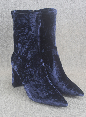 粗跟短靴女鞋子尖头高跟性感丝绒中筒靴百搭侧拉链时装女靴瘦瘦靴